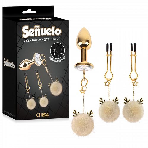 Fehér pomponos anál dugó készlet + mellbimbócsipeszek - 74154152