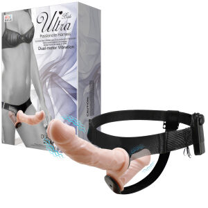 Testszínű kétoldalas vibrációs strap-on két pénisszel 10 cm + 18 cm - 70636320