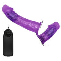 Lila kétoldalas strap-on vibrációval, két pénisz 10 cm + 18 cm - 77970723 - 2