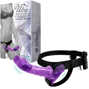 Lila kétoldalas strap-on vibrációval, két pénisz 10 cm + 18 cm - 77970723