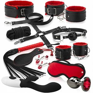 Pároknak szóló szett: BDSM kiegészítők, bordázott vibrátor és kristályos análkúp - 79854253