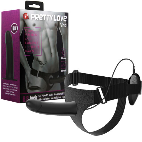 Fekete strap-on hám rezgő dildóval 16 cm + távirányító - 70043295