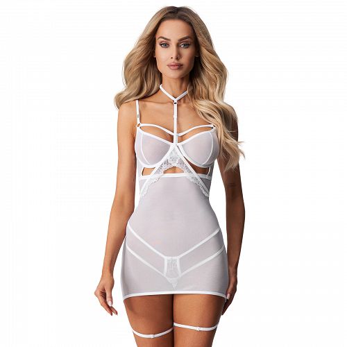 Obsessive Arrowel fehér póló + choker és combpántok - 76402025
