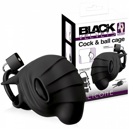 Fekete szilikon pénisz- és hereketrec BDSM erényöv - 70831811